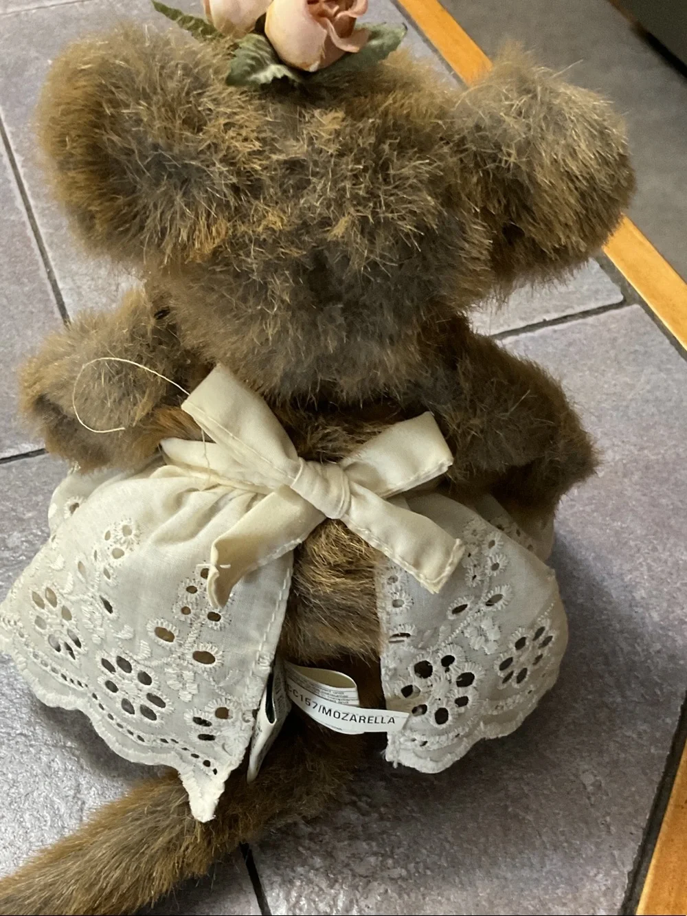 Plush Brown Mouse Toy with Cream Eyelet Dress and Rose Accent 1996